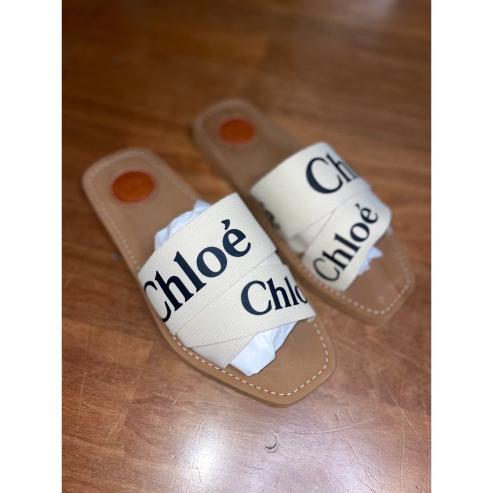 Chloé Brown Leather Slide Sandals with Cream Logo Straps - Picture 5 of 15